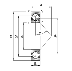 FAG 角接触球轴承 7301-B-JP, 根据 DIN 628-1 标准的主要尺寸，接触角 α = 40°
